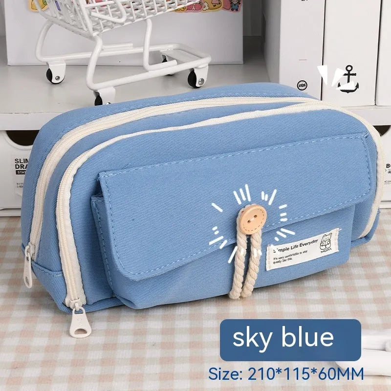 Green canvas pencil case with large capacity for about 80 pens, showing simple Korean style design.
