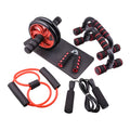 Seven abdominal wheels with push-up bracket in red, green, black, and blue colours for indoor fitness training