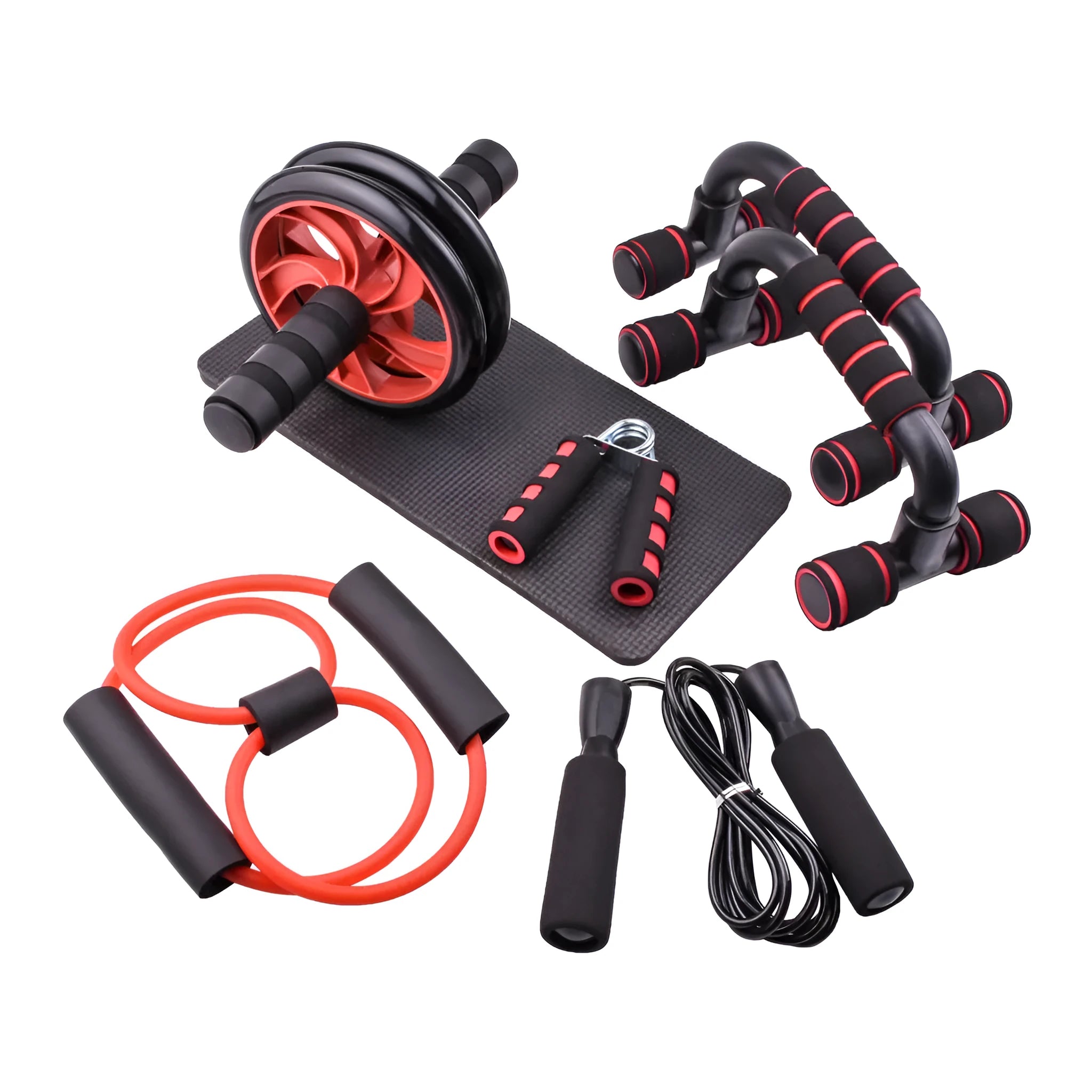 Seven abdominal wheels with push-up bracket in red, green, black, and blue colours for indoor fitness training