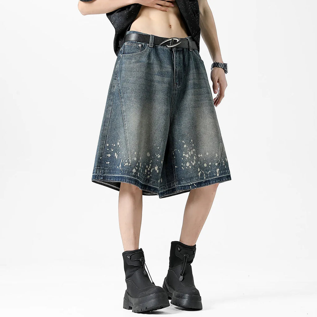 Men's retro blue denim shorts with ripped splash ink design, straight cut fifth-length