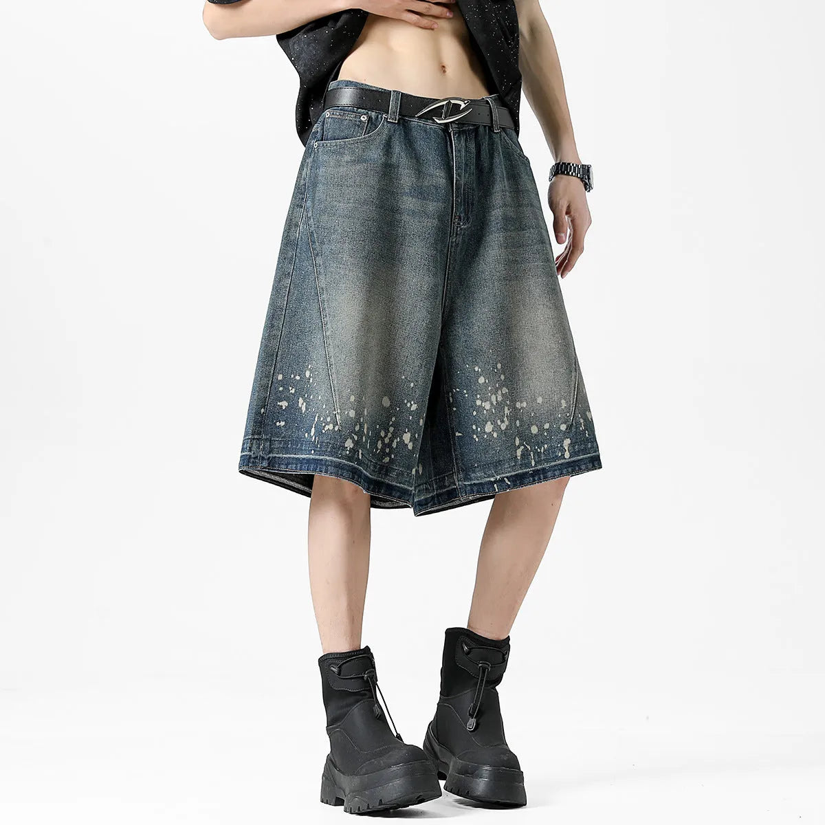 Men's retro blue denim shorts with ripped splash ink design, straight cut fifth-length