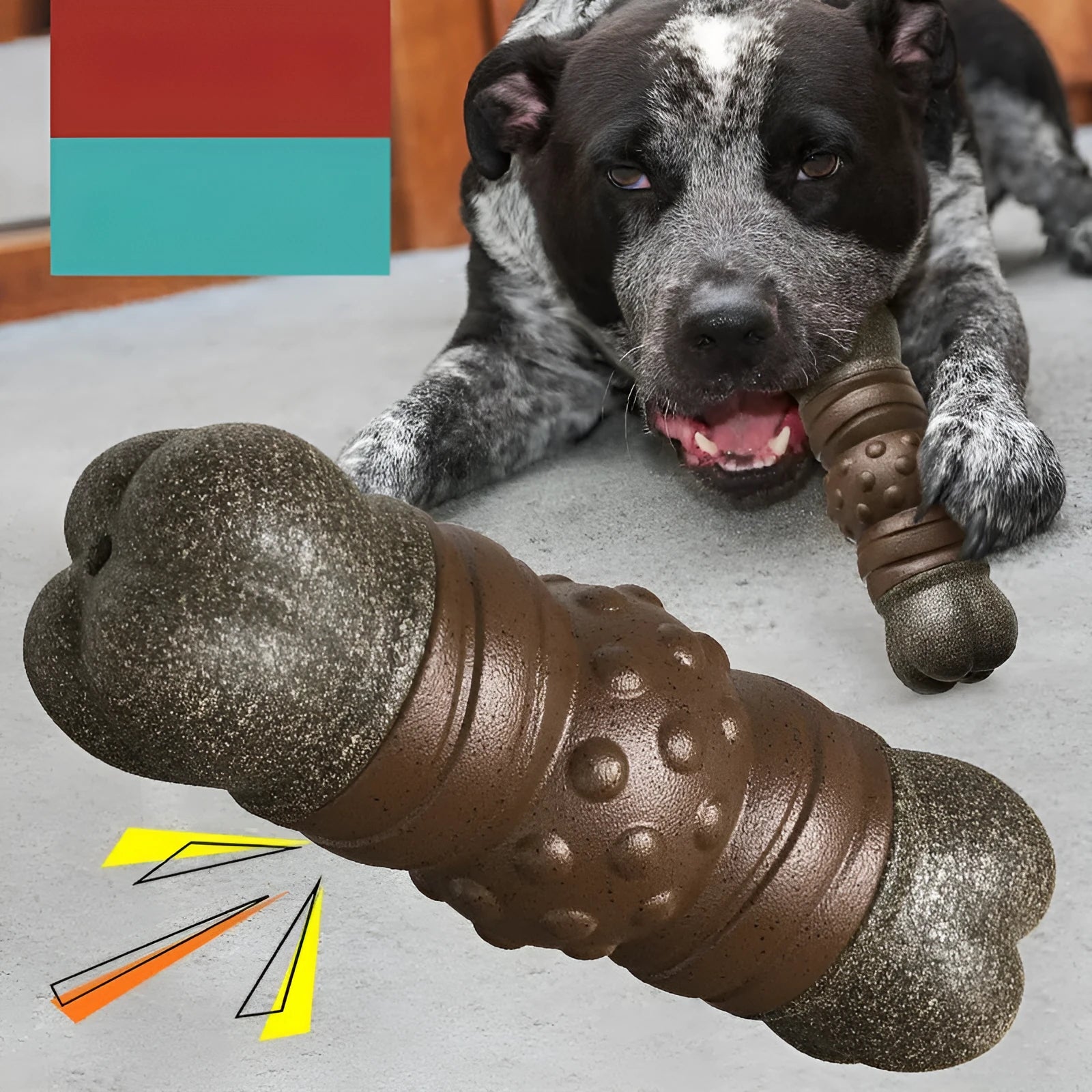 Wood colour plastic bone-shaped dog chew toy with a textured surface for dental cleaning.