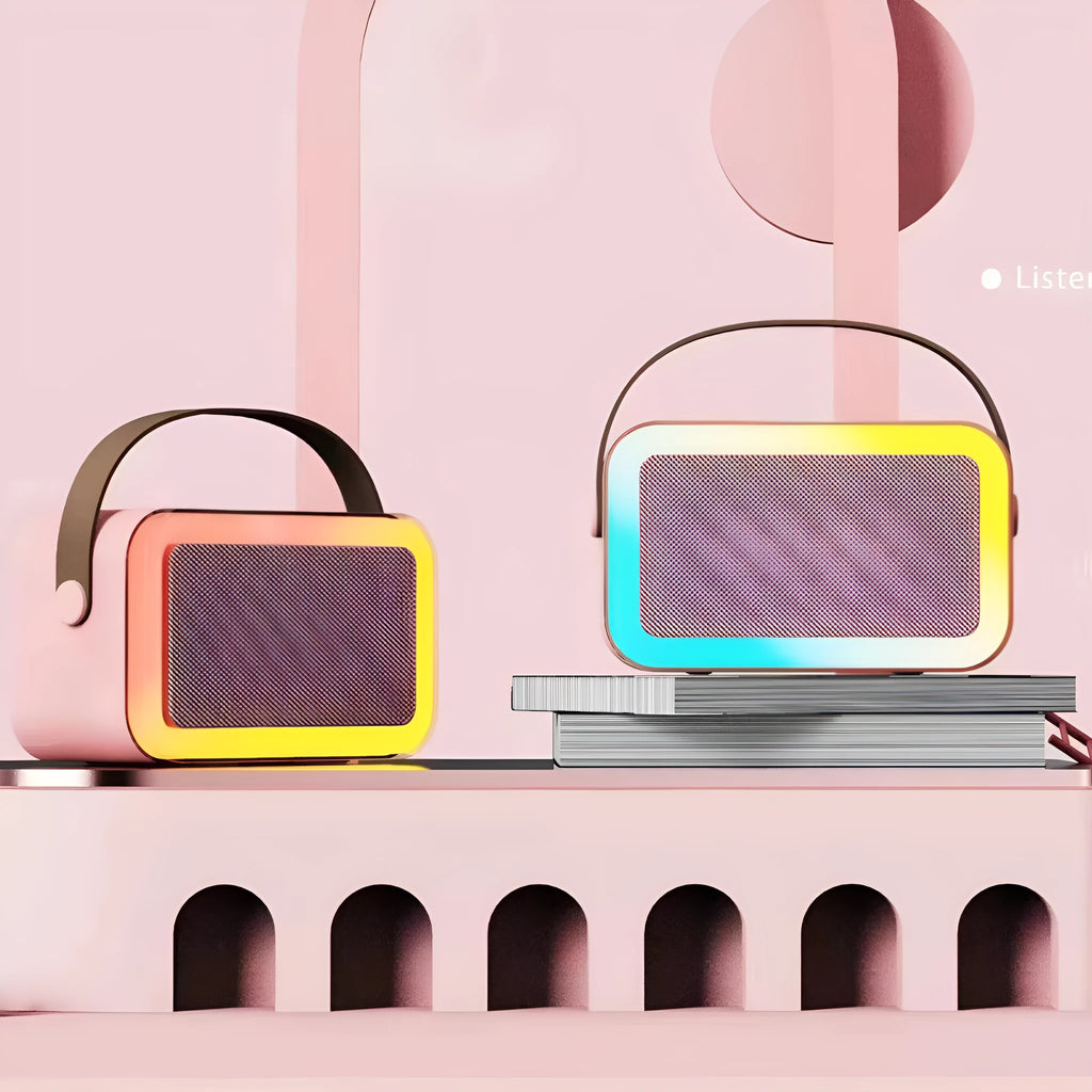 Portable Bluetooth speaker microphone with coloured lights in pink, sky blue, or white colour options.