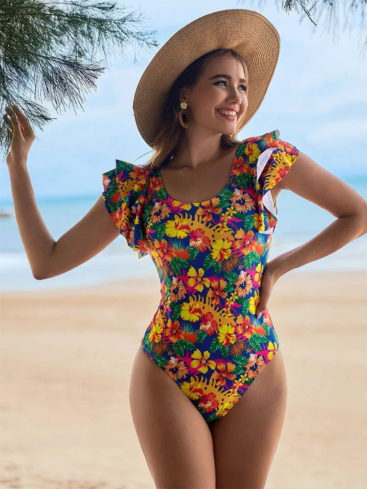 Women's one-piece swimsuit with U-shaped collar and lace design, polyester fabric, sleeveless, available in multiple colours