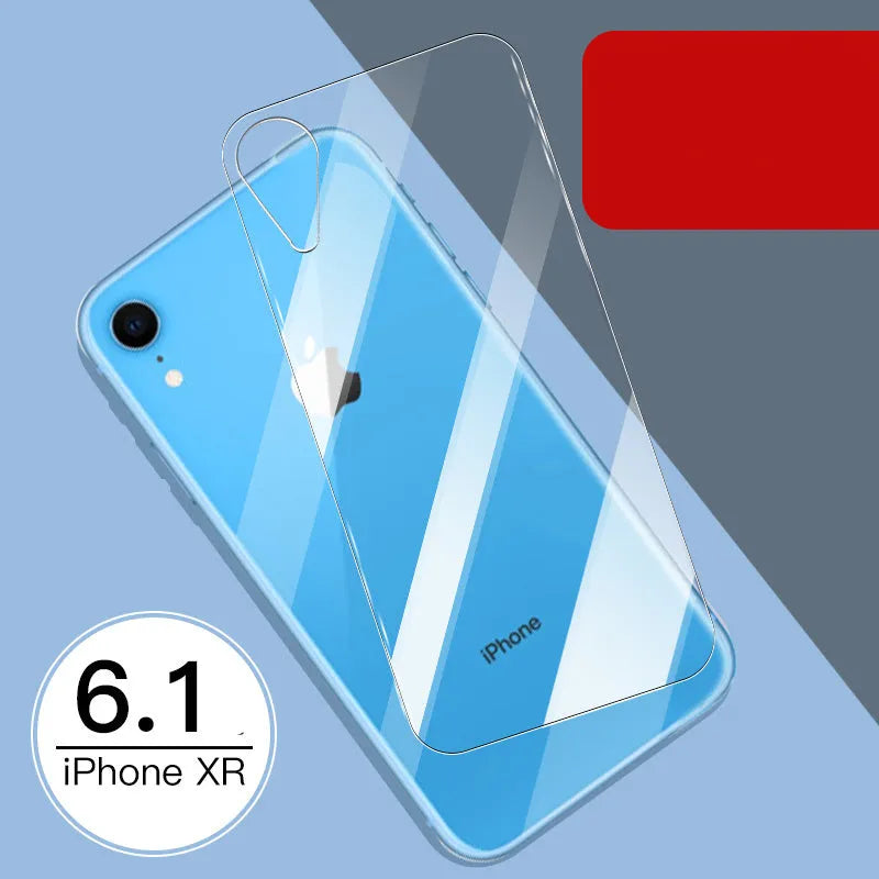 Tempered glass screen and rear protector film for Apple iPhone models on a table.