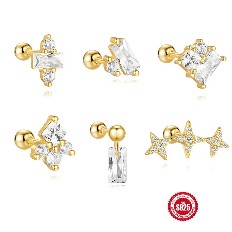 S925 sterling silver square gravel stud earrings with flower shape and red golden electroplated finish