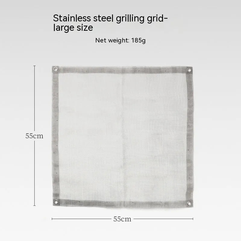 Stainless steel barbecue grill net in silver, shown in large and medium size options for outdoor use.