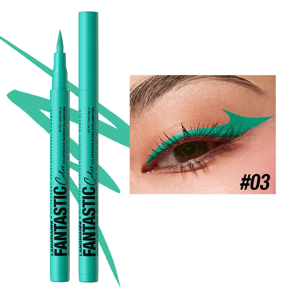 Matte anti-smudge liquid eyeliner in twelve colours including white, gold, purple, brown, blue, and iron grey