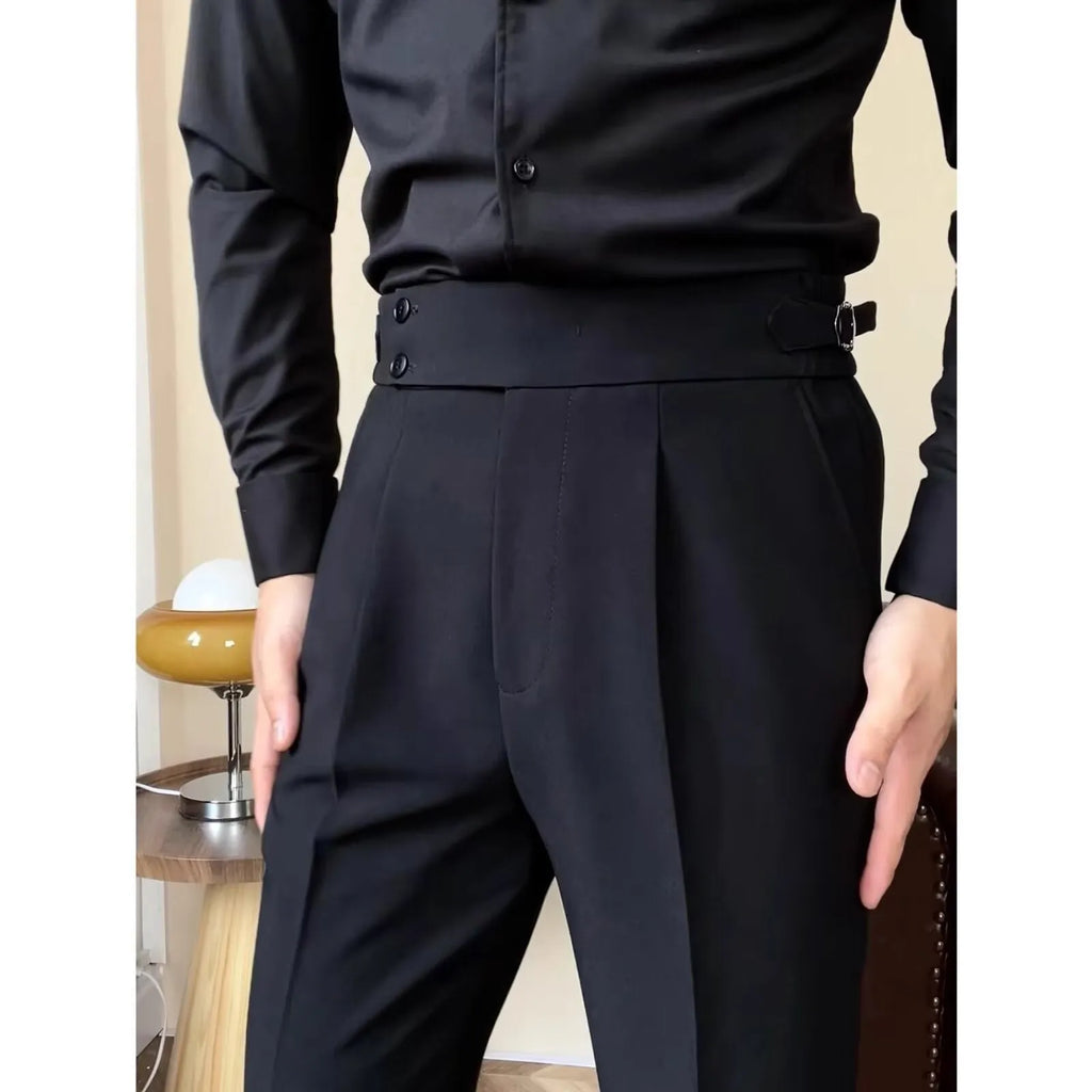 Men's high-waisted straight-leg trousers in black, white, and dark gray polyester blend fabric