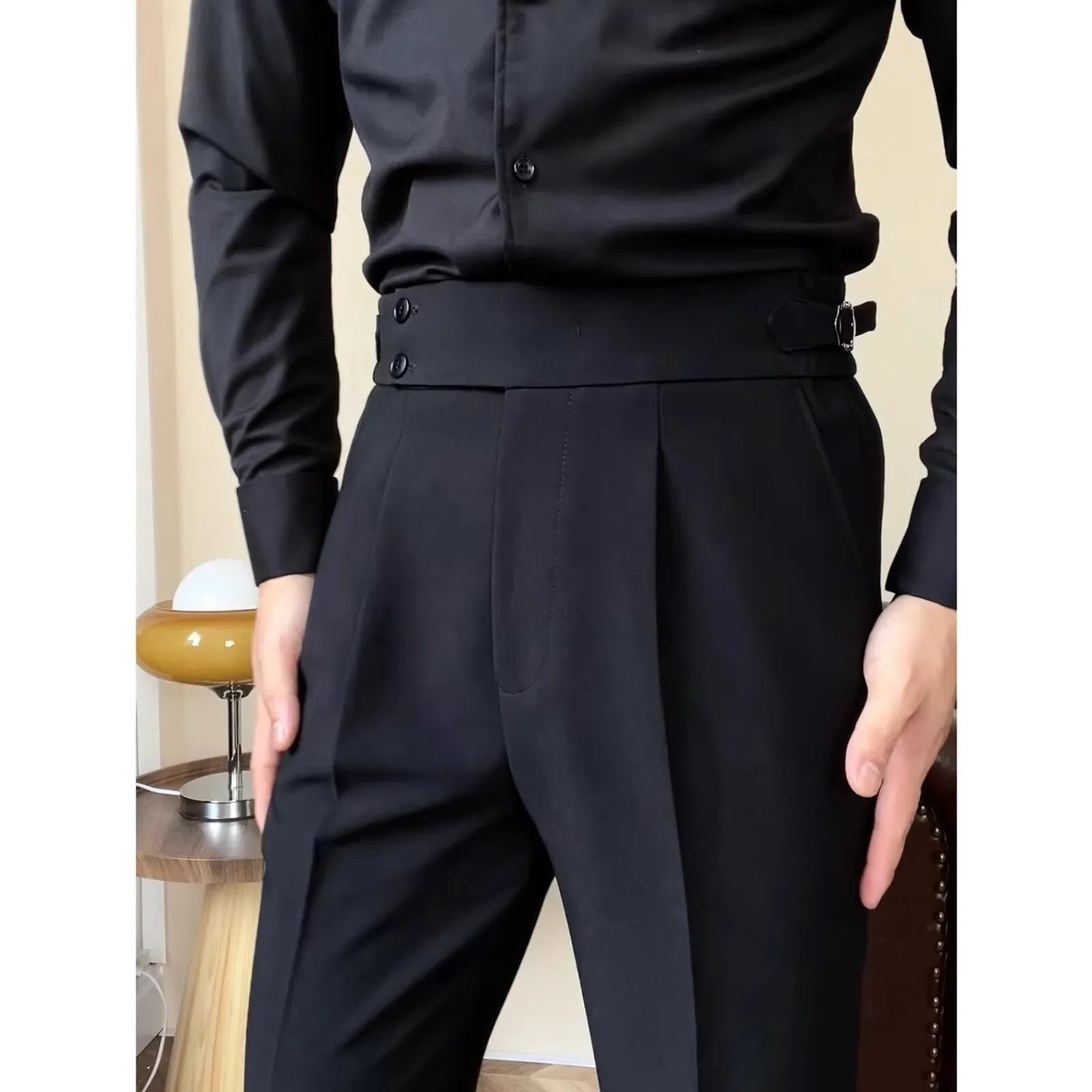 Men's high-waisted straight-leg trousers in black, white, and dark gray polyester blend fabric