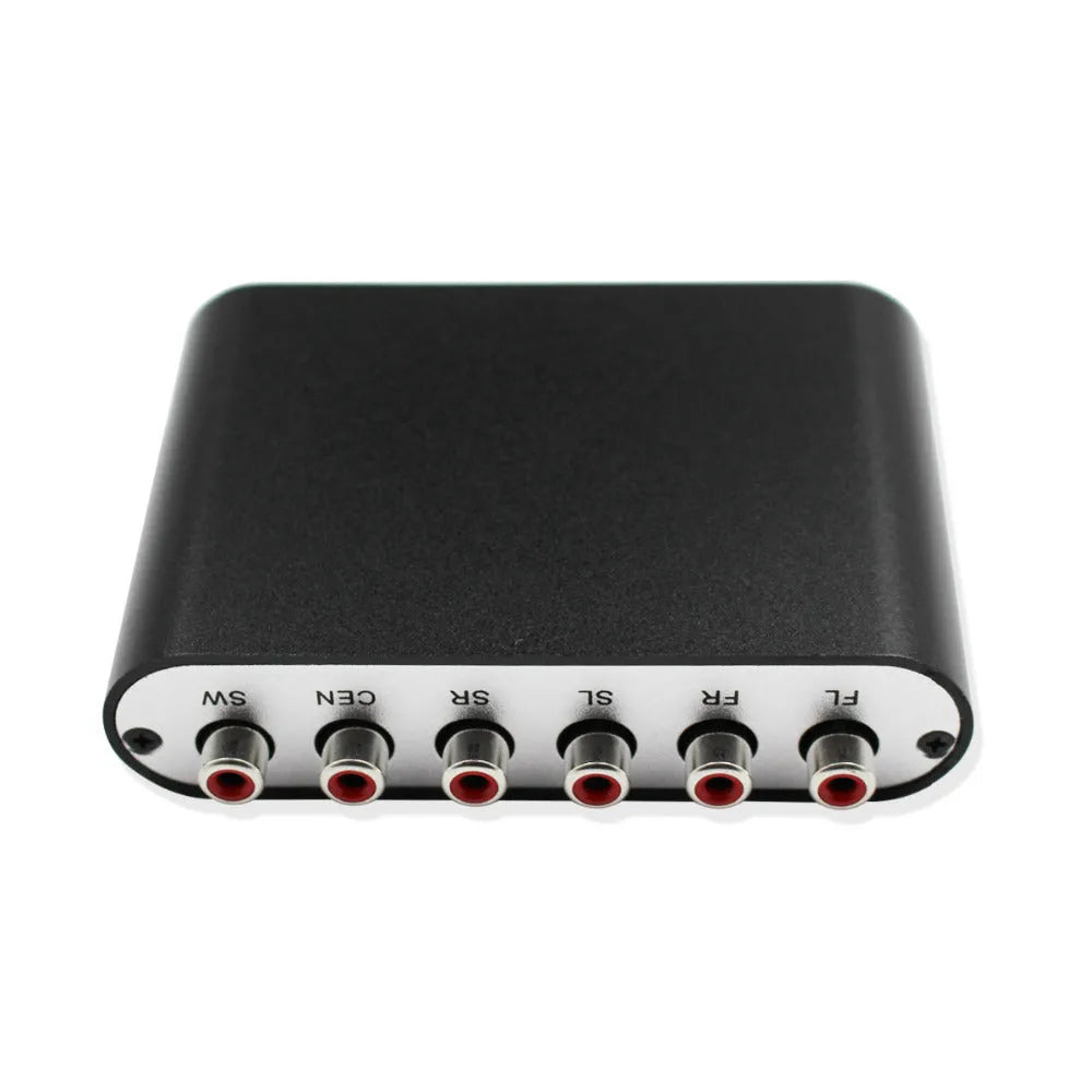 Black DTS Dolby Digital audio decoder unit with optical, coaxial, and stereo inputs for 5.1 channel analogue output.