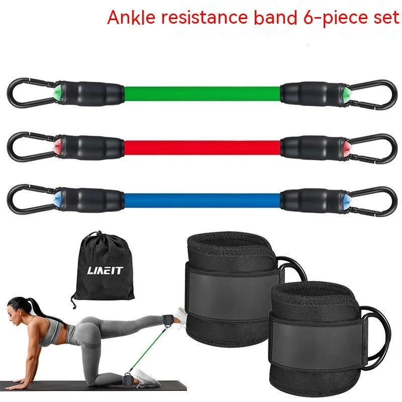 Set of three blue TPE resistance bands (10lb, 20lb, 30lb) with ankle buckles, two black foot loops, and a grey storage bag.