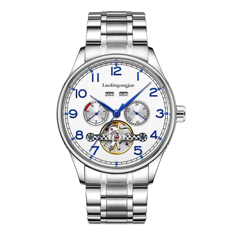 Men's business mechanical watch with stainless steel case, sapphire crystal, leather strap, hollow dial, and transparent caseback