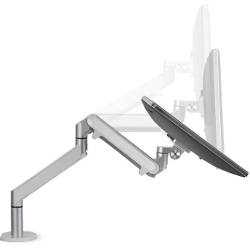 Silver aluminium laptop stand with adjustable air pressure arm bracket holding a MacBook notebook.