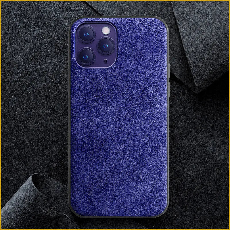 Suede iPhone case in dark blue colour showing full-cover protection and precise cutouts for ports and camera.