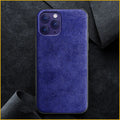 Suede iPhone case in dark blue colour showing full-cover protection and precise cutouts for ports and camera.