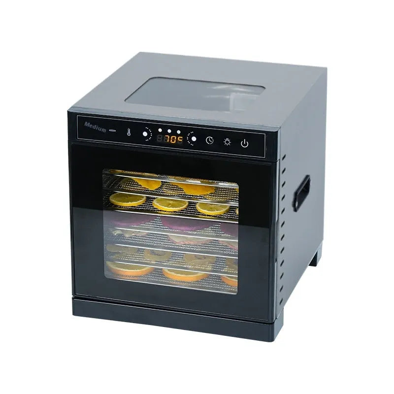 Stainless steel food dehydrator with multiple trays and an LED control panel.