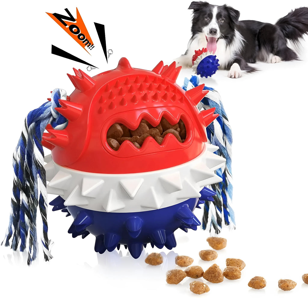 Blue and red squeaky dog chew toy with treat dispenser for aggressive chewing dogs