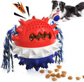 Blue and red squeaky dog chew toy with treat dispenser for aggressive chewing dogs