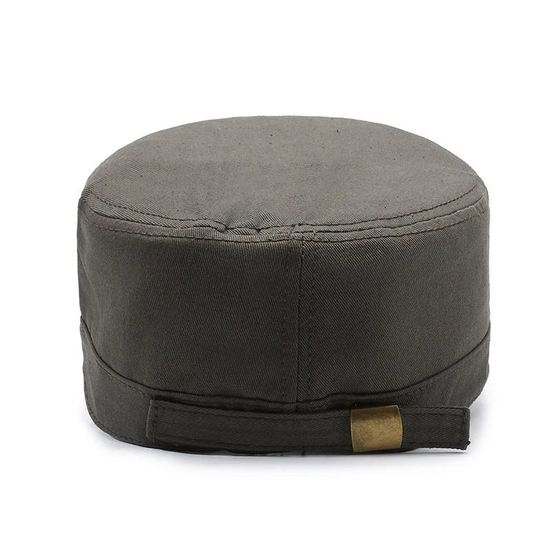 Men's flat-top peaked cap in cotton with adjustable strap, shown in army green colour.
