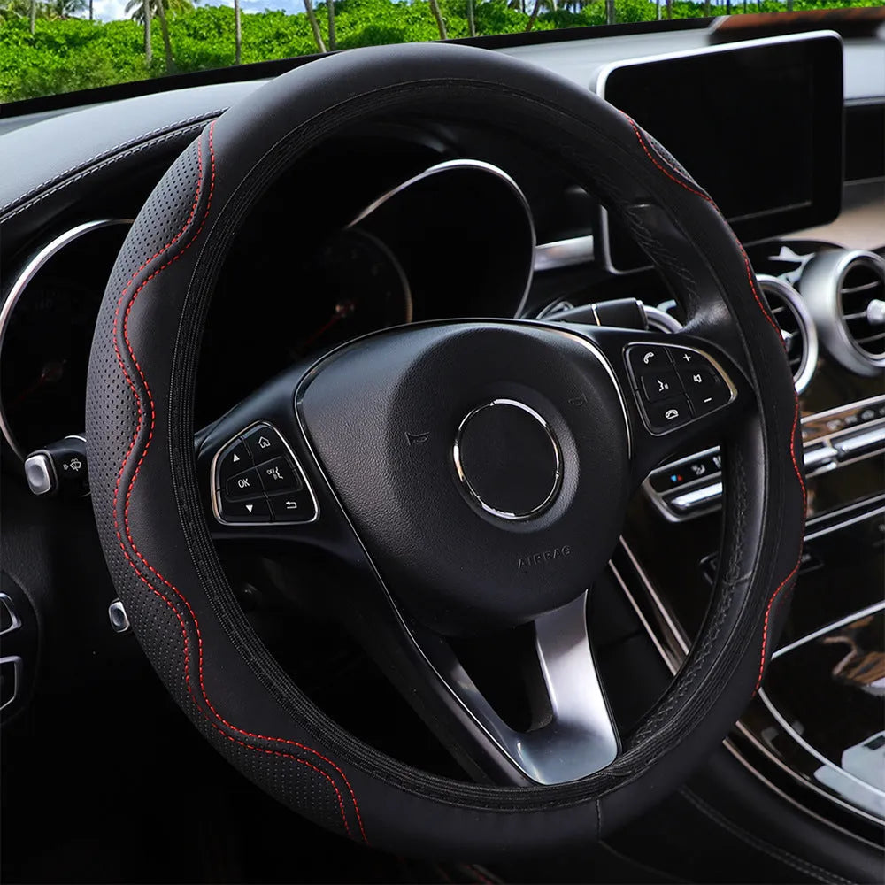 Elastic corrugated steering wheel cover in PU leather foam for 37-38cm diameter wheels