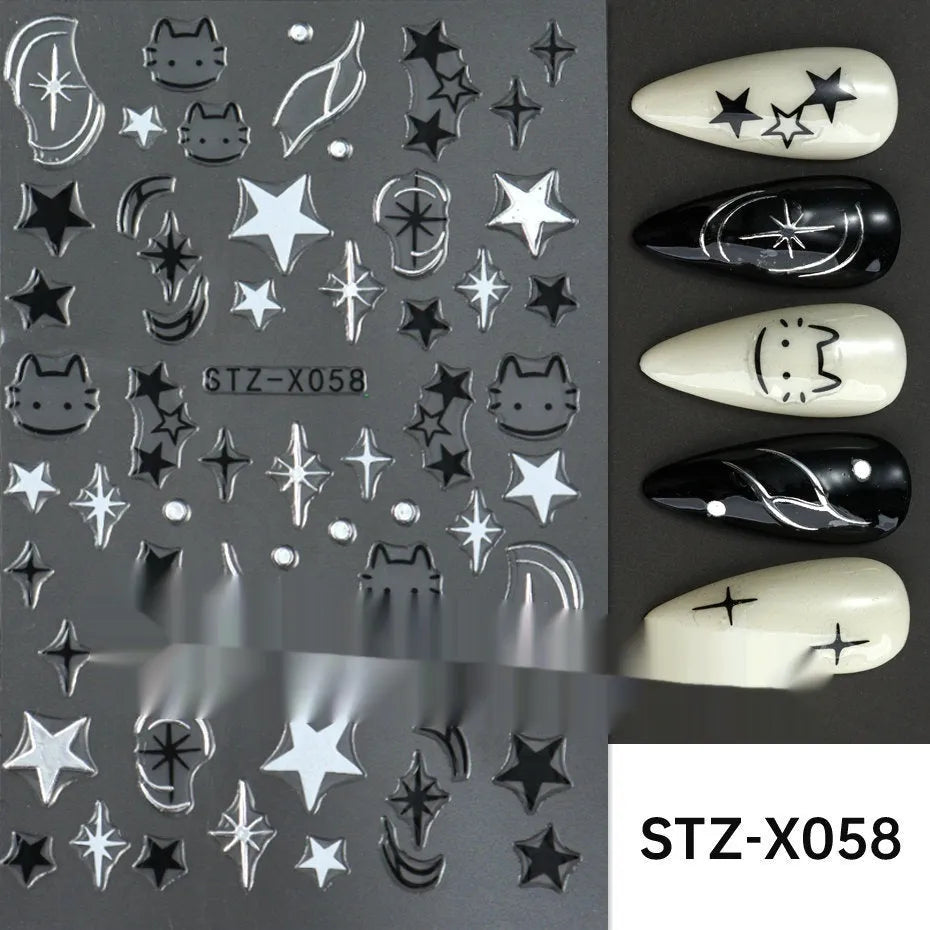 Cartoon-themed nail art sticker sheet with black and silver strip patterns and love motifs