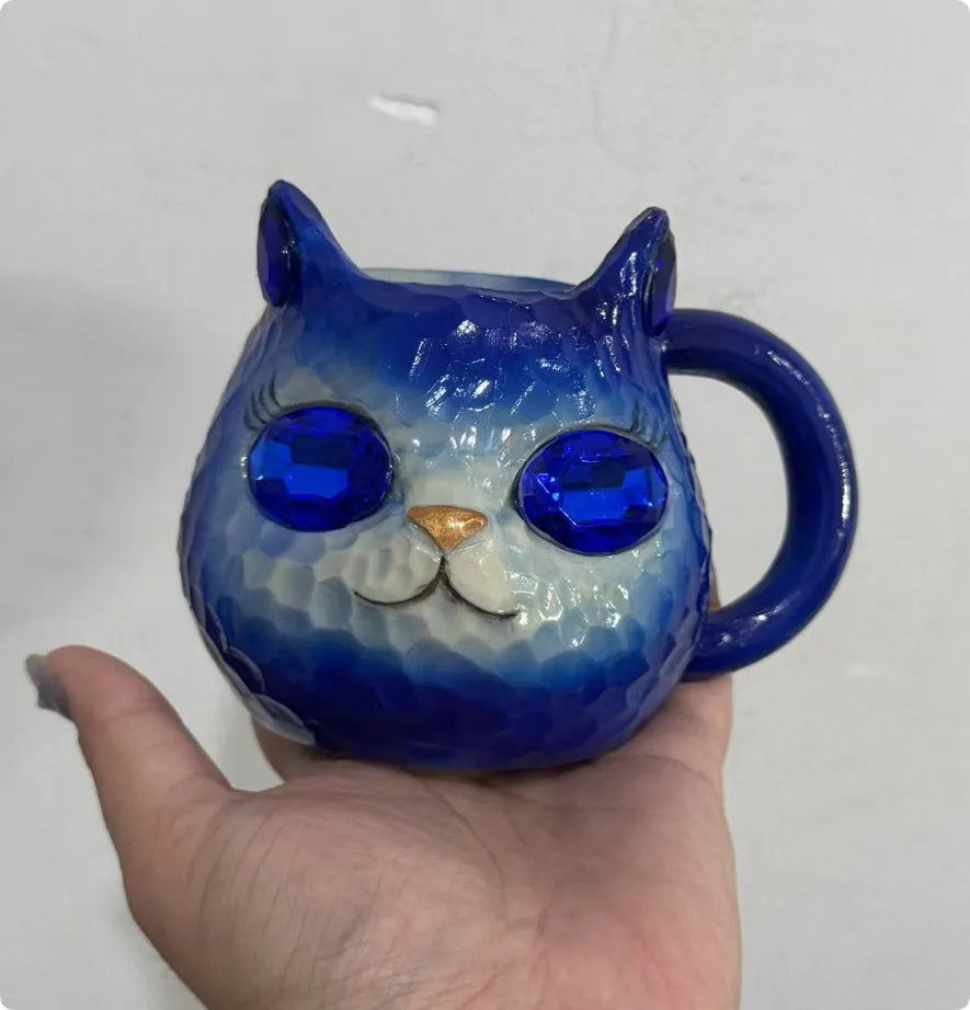 American style decorative resin cat cup in blue, green, pink, or purple colour.