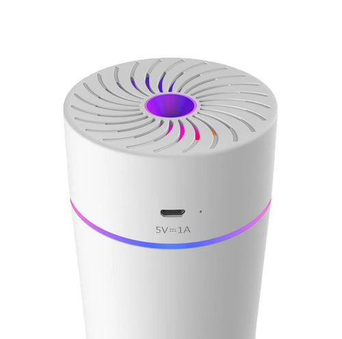 Compact white car USB humidifier with aromatherapy function showing USB connection and water reservoir