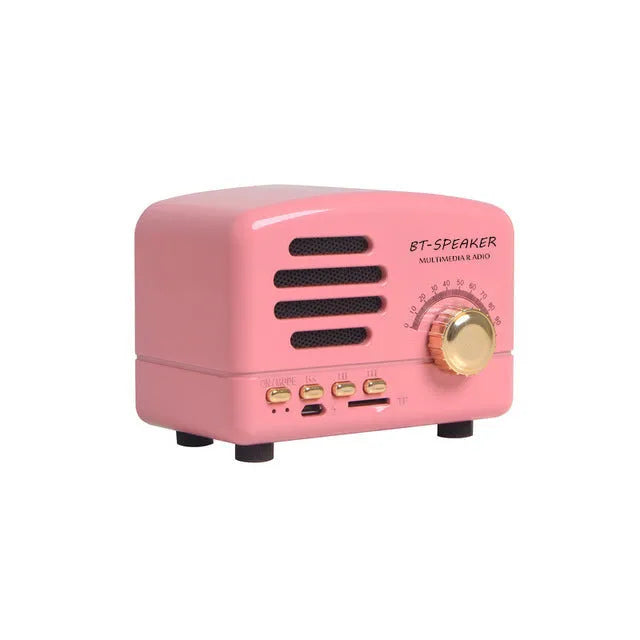 Compact vintage wood-grain finish Bluetooth speaker with control buttons on top.