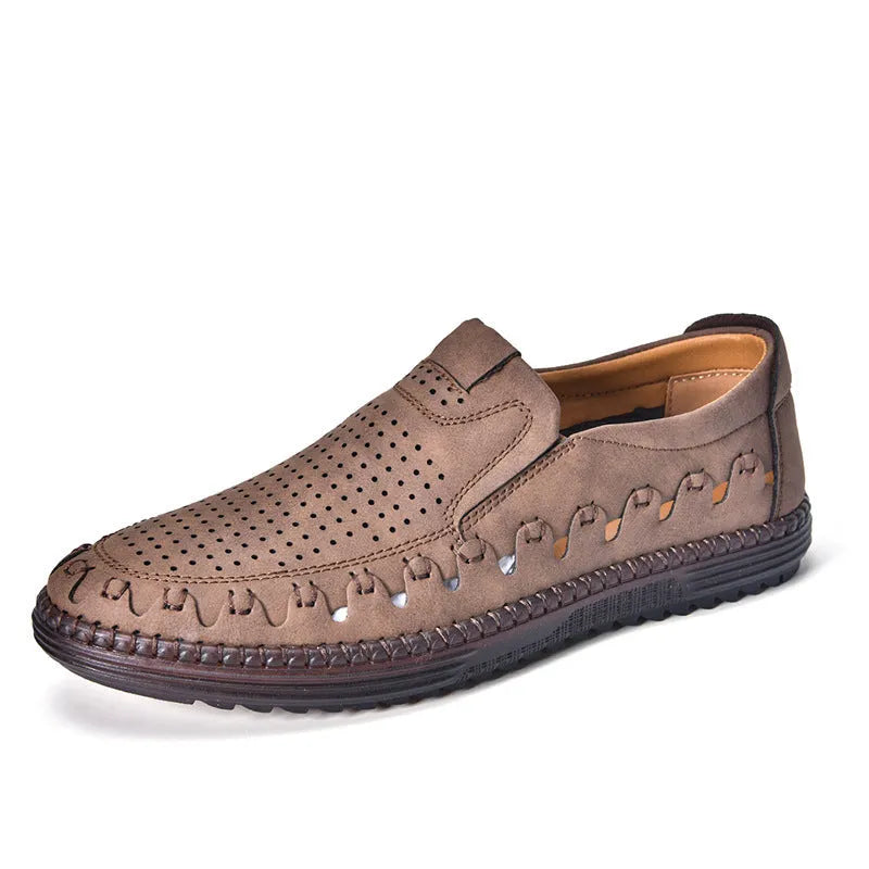 Men's brown handmade PU leather slip-on casual shoes with flat heel and round toe cap.