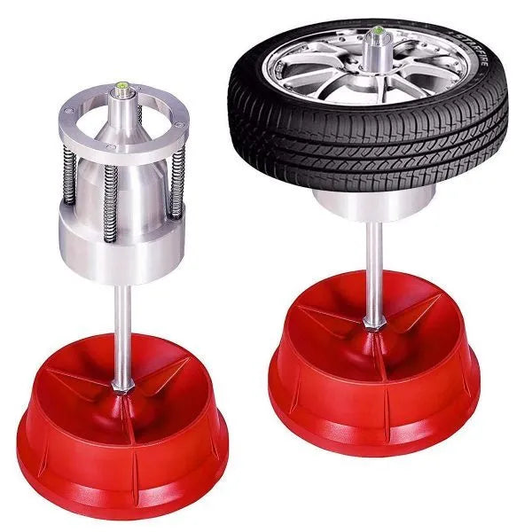 Portable aluminium hub balancer for car tyres with bull's eye level on enamel base.