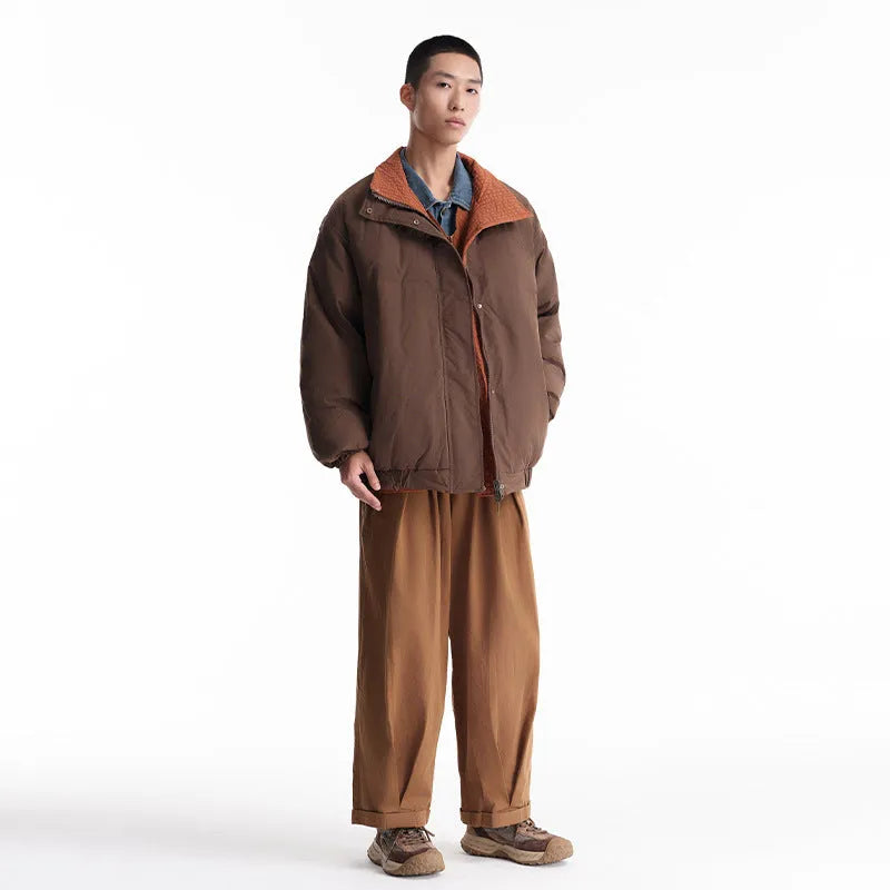 Men's brown reversible down jacket with stand-up collar and hood, medium length 65cm, available in sizes S to XL