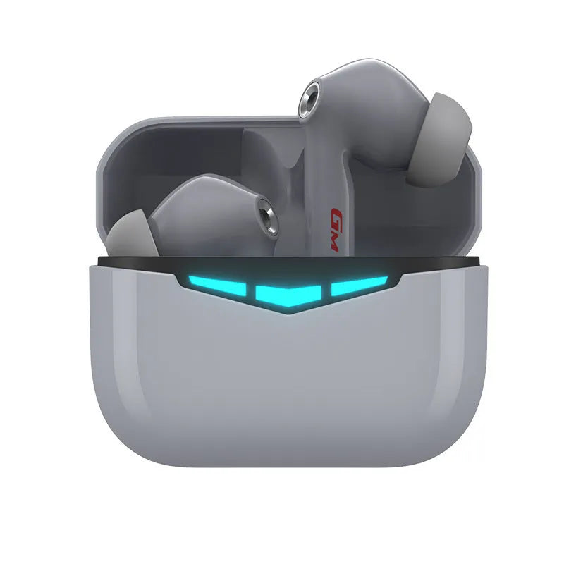 Black true wireless gaming earbuds and charging case on a grey background, showing the in-ear design.