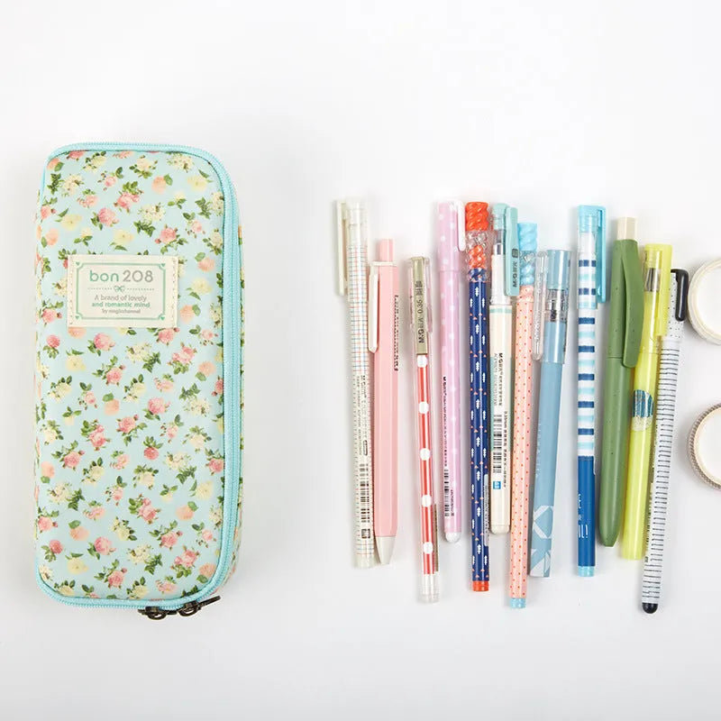Canvas pencil case storage bag 190x80x40mm in Korean floral or solid colours, for stationery.