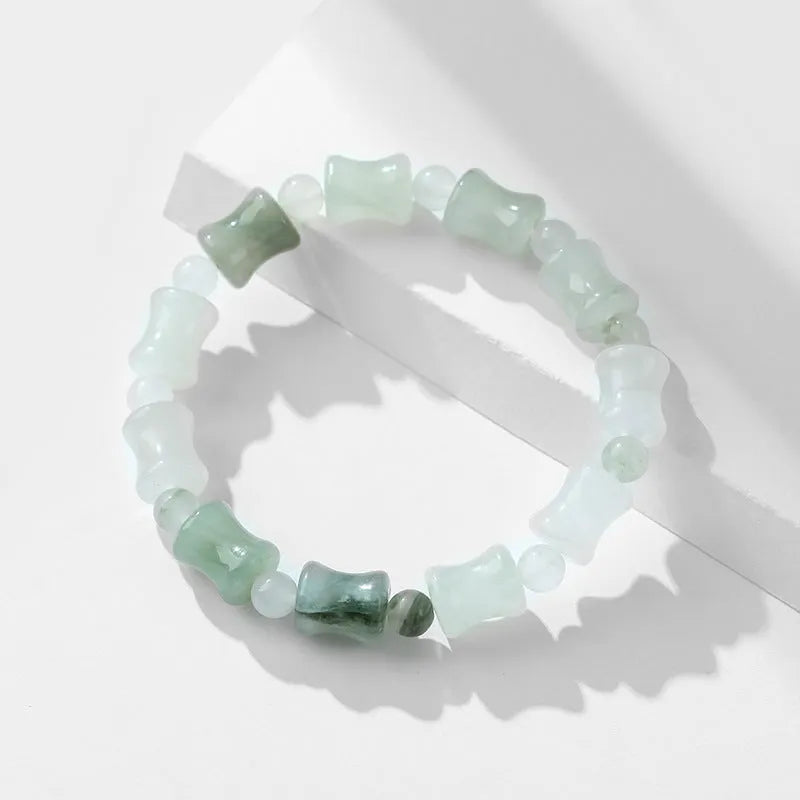 Tianshan Emerald natural chalcedony diamond-shaped stone bracelet with coconut shell beads and safety lock on elastic string.