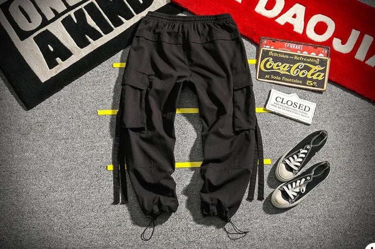 Ribbon Cargo Pants with elasticated waistband and pockets in Black, Gray, and Red colour options