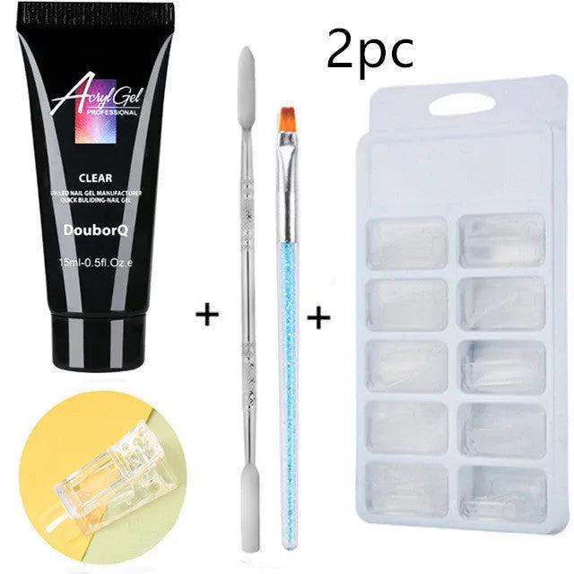 Clear nail polish art kit with resin gel, sponge, brush, and nail sticker for DIY manicure