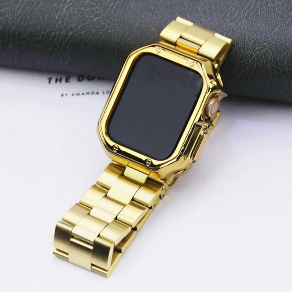 Stainless steel link band and black TPU protective frame for Apple Watch 44mm case
