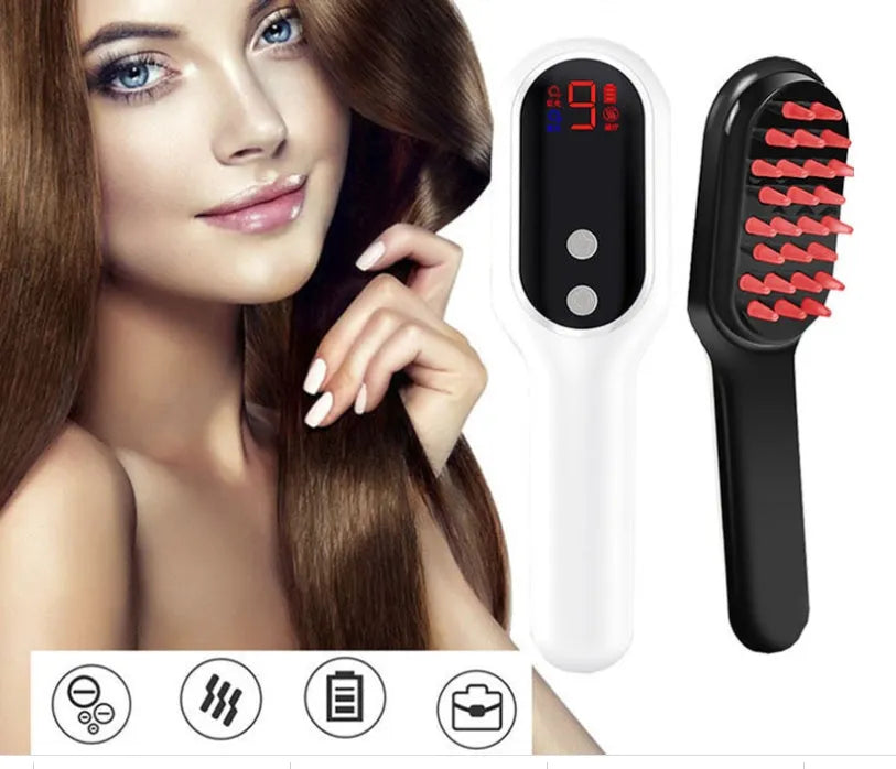 White electric head massager with red and blue light therapy, 26 soft contacts, LED display, and USB rechargeable battery