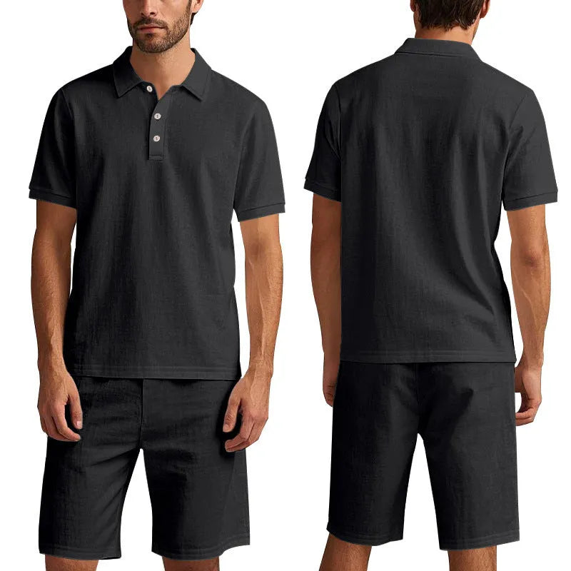 Men's linen blend short-sleeved shirt and matching shorts suit set in multiple colour options