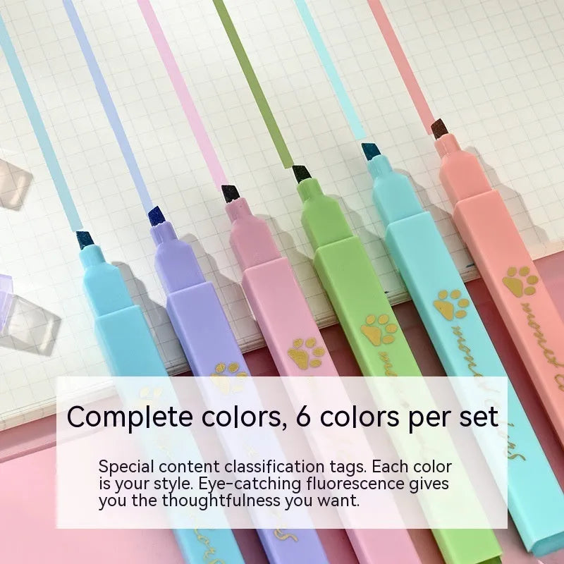 Box of Cat's Paw fluorescent marking pens with oblique heads in six different colours.
