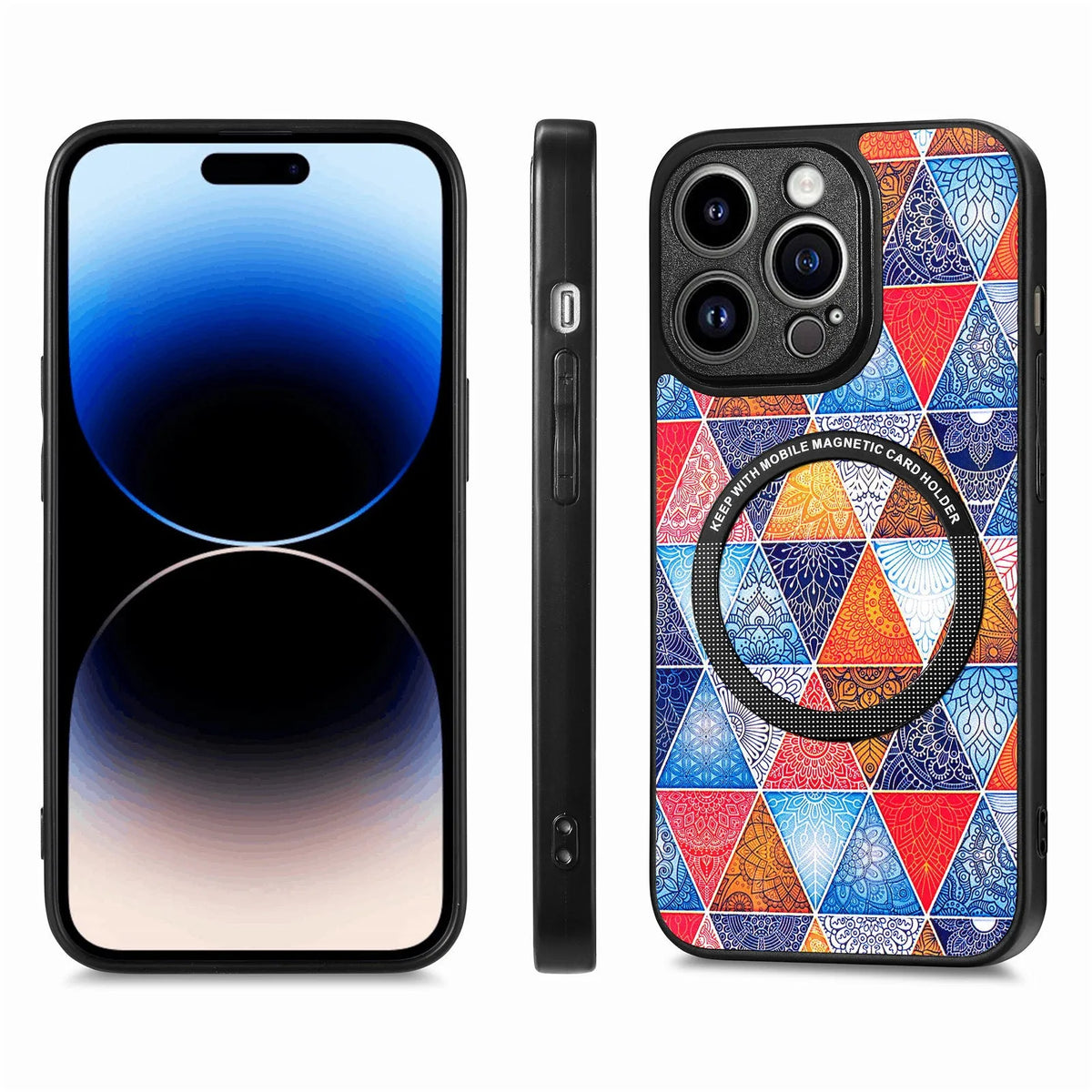 Magnetic suction iPhone case in two-in-one plastic and silicone, shown in Multicolour Block, Purple Scales, Rhombus Mandala, Emerald, Nordic Rhombus, Magic Space and Colourful Clouds