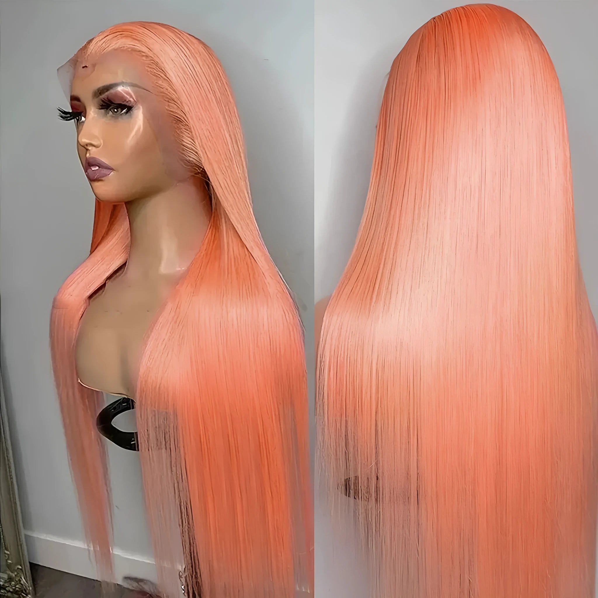 Light orange long straight front lace wig with side bangs on display