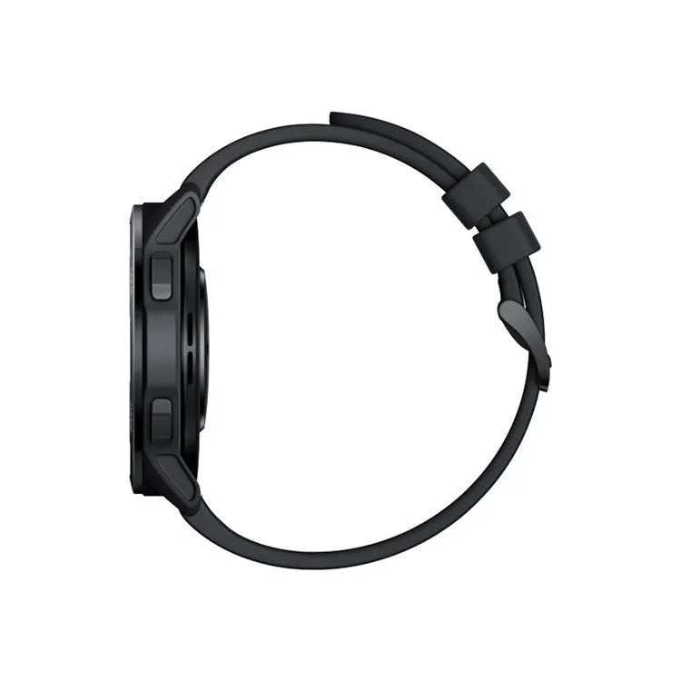 Dual band GPS smart watch with black silicone strap on a wrist, showing the 1.43-inch touchscreen display.