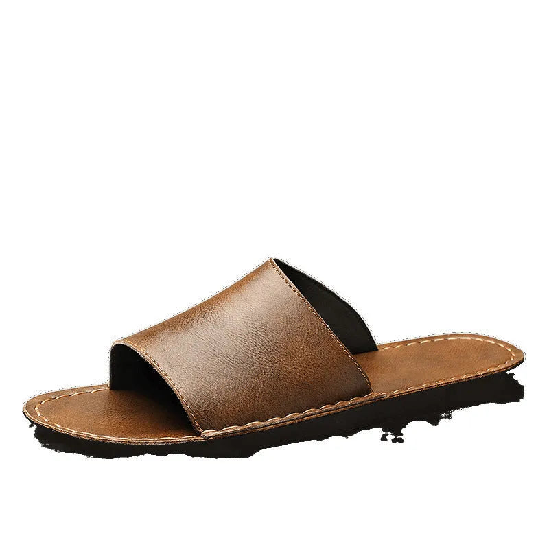Men's brown leather casual sandals with rubber sole for outdoor spring and summer wear