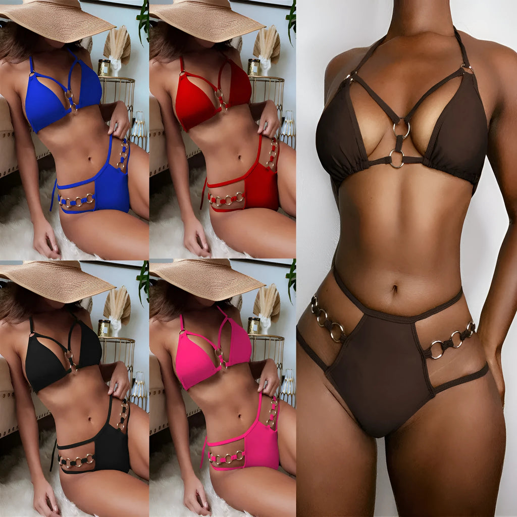 Women's pure colour separated nylon bikini set in red, shown as a bikini top and matching shorts.