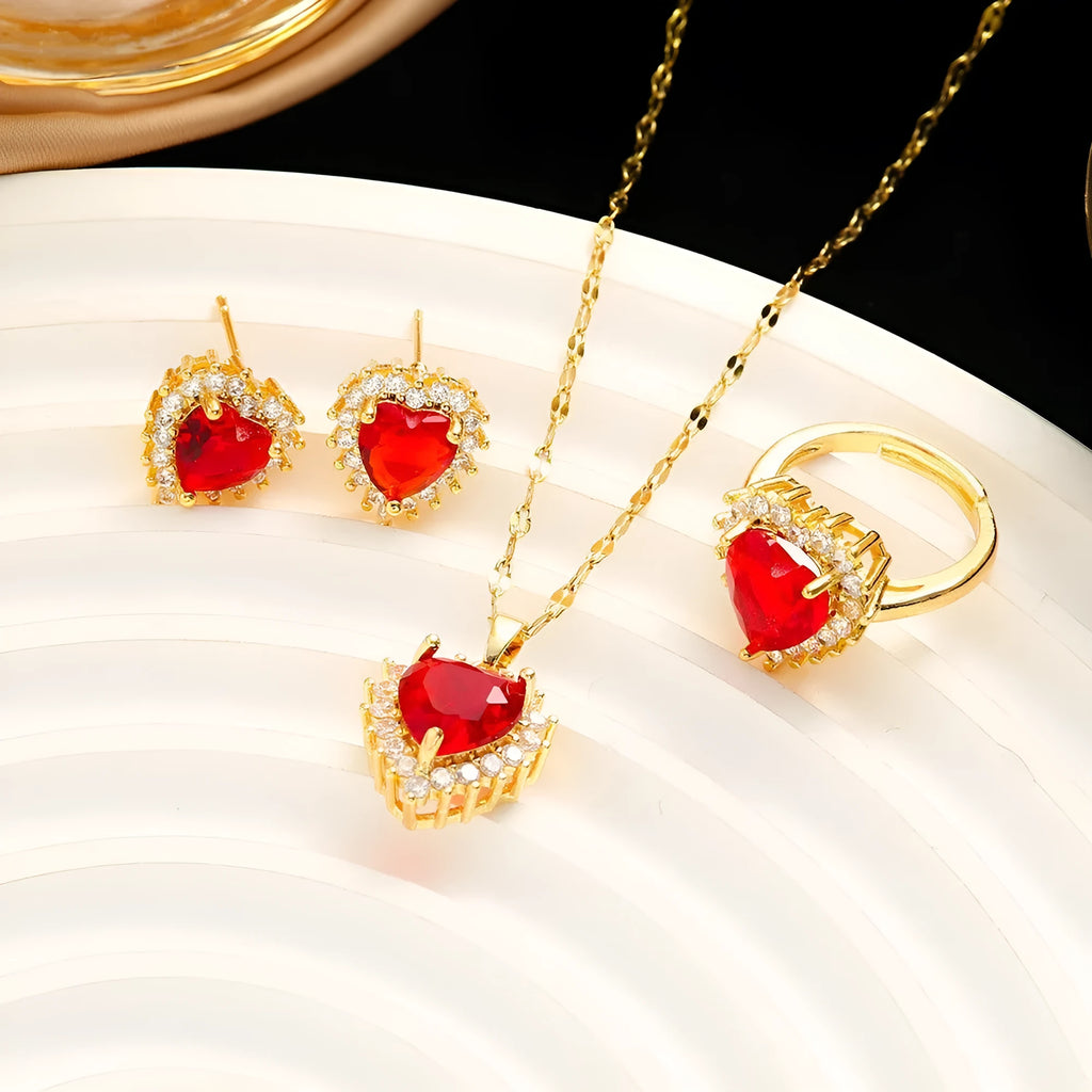 Women's heart flower jewellery set with gold red titanium steel necklace, earrings, and ring