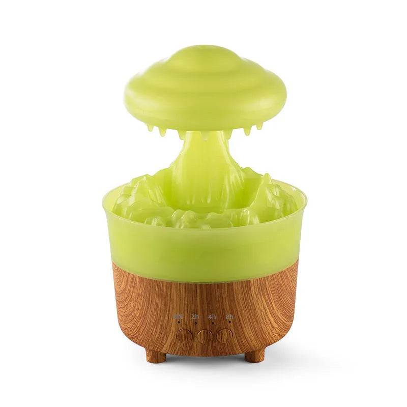 Rain cloud humidifier with raining water drop sound, 7 colour LED light, and essential oil diffuser in wood grain white or green