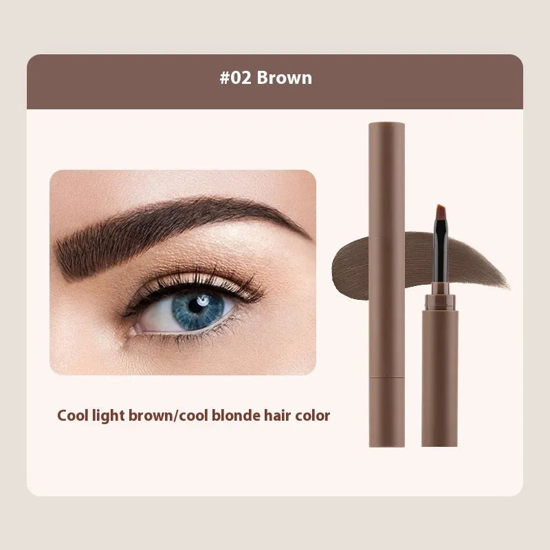 Double-headed eyebrow cream tube showing five shade options: reddish brown, brown, light brown, dark brown, and black.
