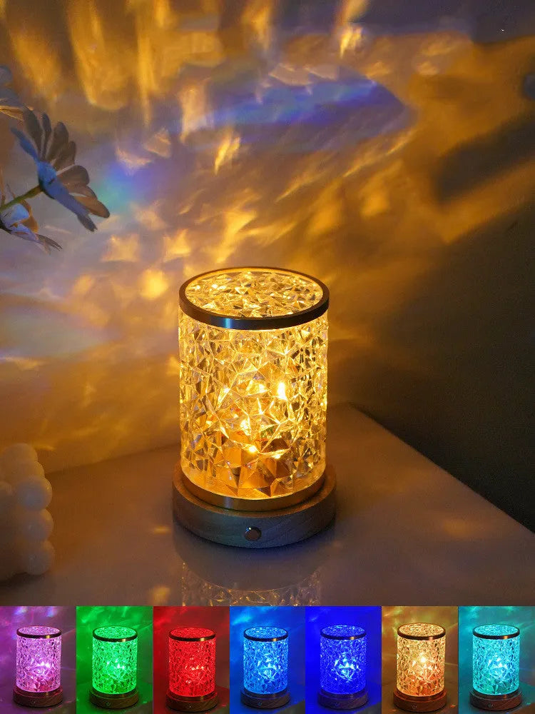 Rotating water ripple night light on solid wood base with USB charging cable